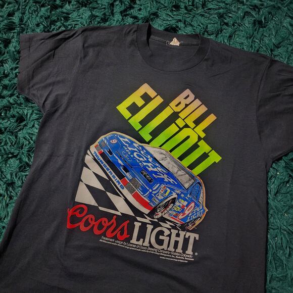 Vintage 90s Bill Elliott Coors Light NASCAR Tee Screen Stars USA 21x28 - Picture 2 of 5